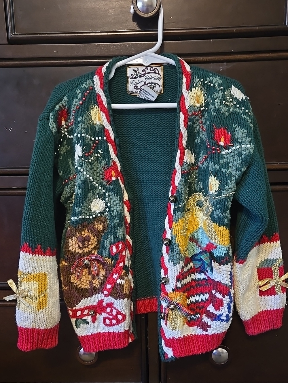 Holiday Embroidered Green Knit Cardigan Sweater - Vintage